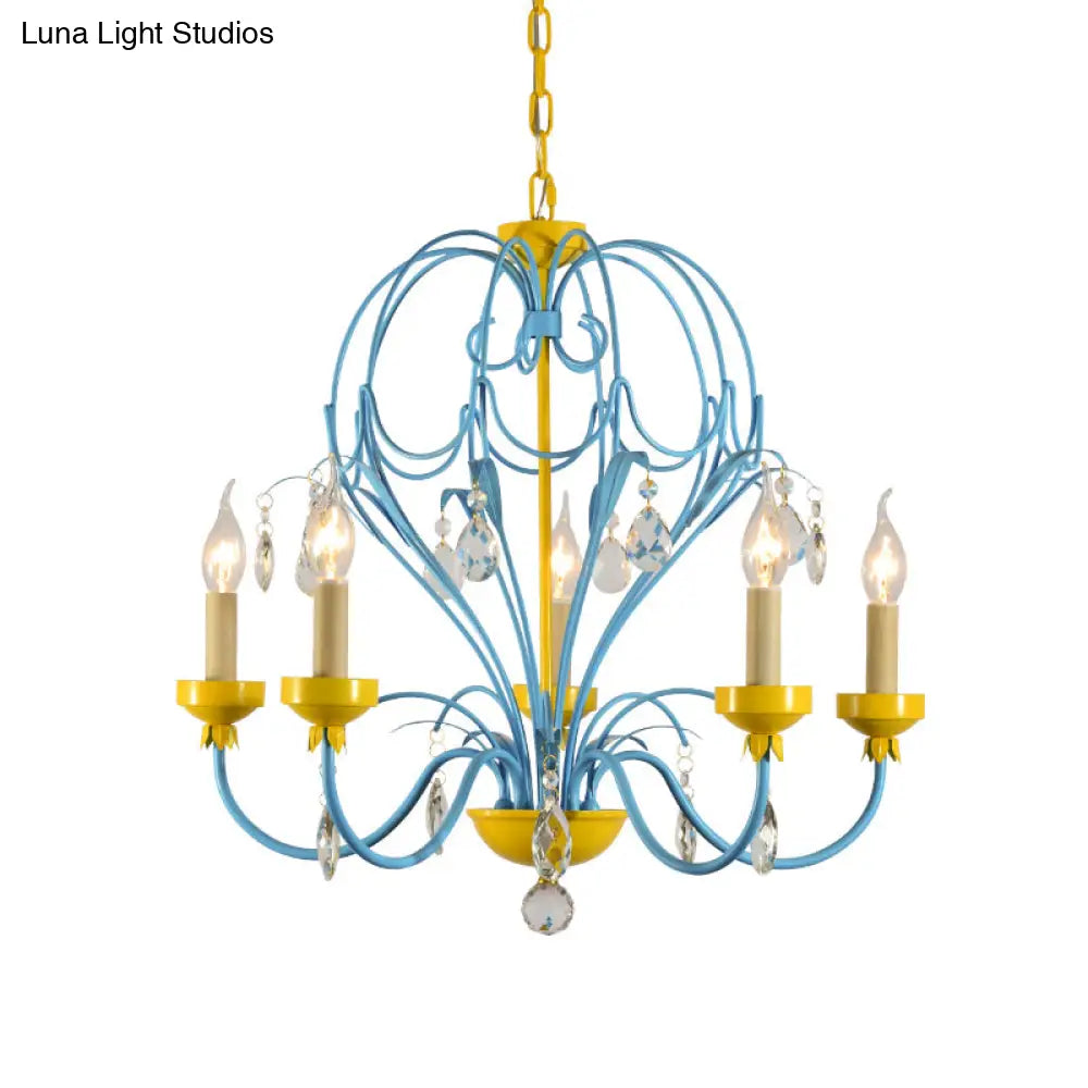 Lámpara de araña infantil con forma de macaron y colgante de cristal - Amarillo/Azul, Acabado metálico, 5 luces