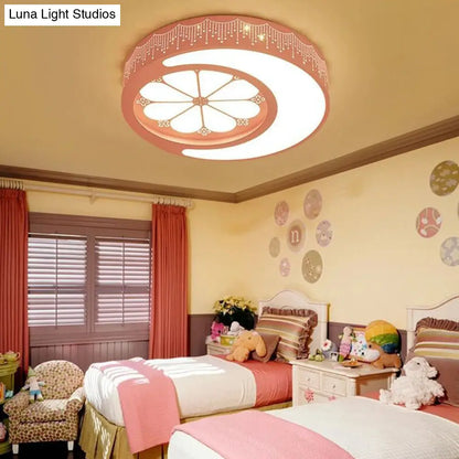 DecorBites™ DecorBites™ Children's Metallic Ceiling Lamp: Circular LED Flush Mount Light with Crescent and Flower Design for Girl's Bedroom