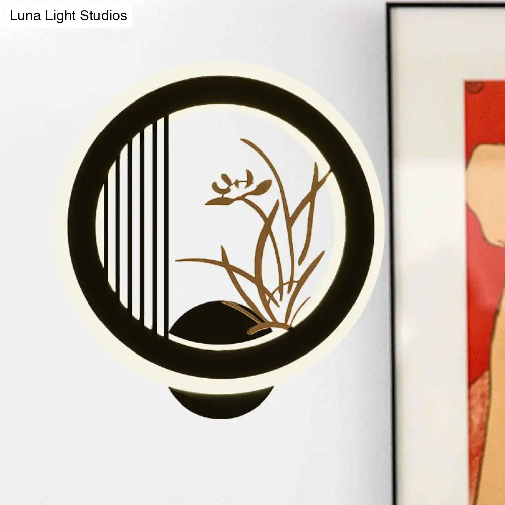 Aplique de pared LED chino de acrílico negro para decoración de sala de estar con diseño mural de crisantemos/orquídeas
