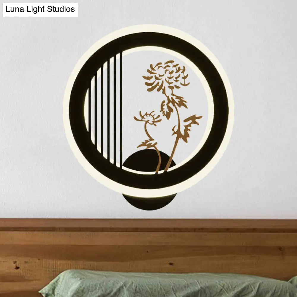 Aplique de pared LED chino de acrílico negro para decoración de sala de estar con diseño mural de crisantemos/orquídeas