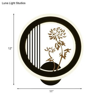 Aplique de pared LED chino de acrílico negro para decoración de sala de estar con diseño mural de crisantemos/orquídeas