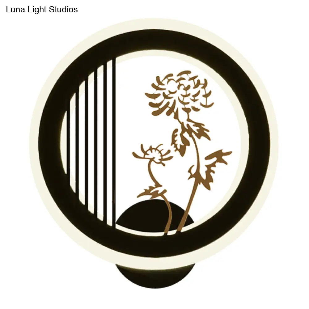 Aplique de pared LED chino de acrílico negro para decoración de sala de estar con diseño mural de crisantemos/orquídeas