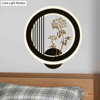 Aplique de pared LED chino de acrílico negro para decoración de sala de estar con diseño mural de crisantemos/orquídeas