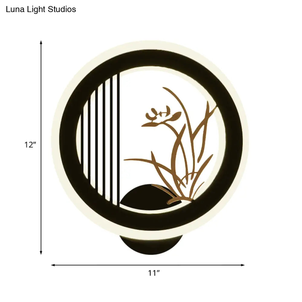 Aplique de pared LED chino de acrílico negro para decoración de sala de estar con diseño mural de crisantemos/orquídeas