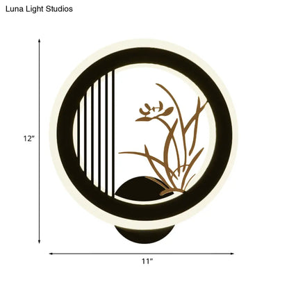 Aplique de pared LED chino de acrílico negro para decoración de sala de estar con diseño mural de crisantemos/orquídeas