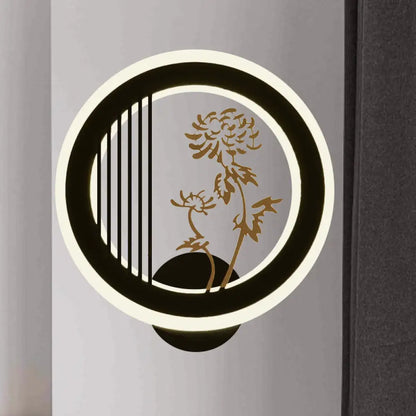 Aplique de pared LED chino de acrílico negro para decoración de sala de estar con diseño mural de crisantemos/orquídeas