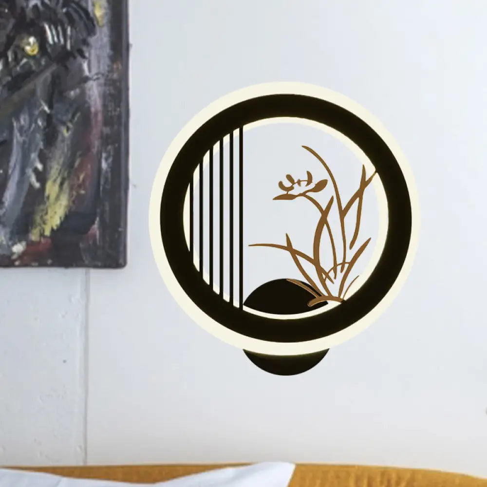 Aplique de pared LED chino de acrílico negro para decoración de sala de estar con diseño mural de crisantemos/orquídeas