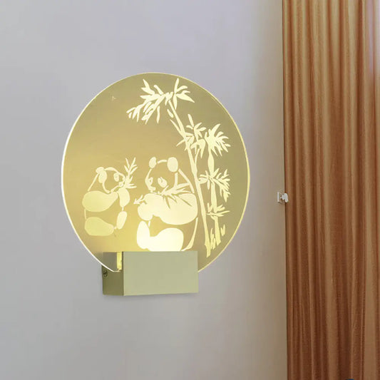 Lámpara de pared china acrílica con LED, diseño circular con estampado de panda y bambú - Color transparente