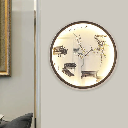 Aplique de pared LED empotrado con diseño de ciudad antigua china en metal negro para sala de estar