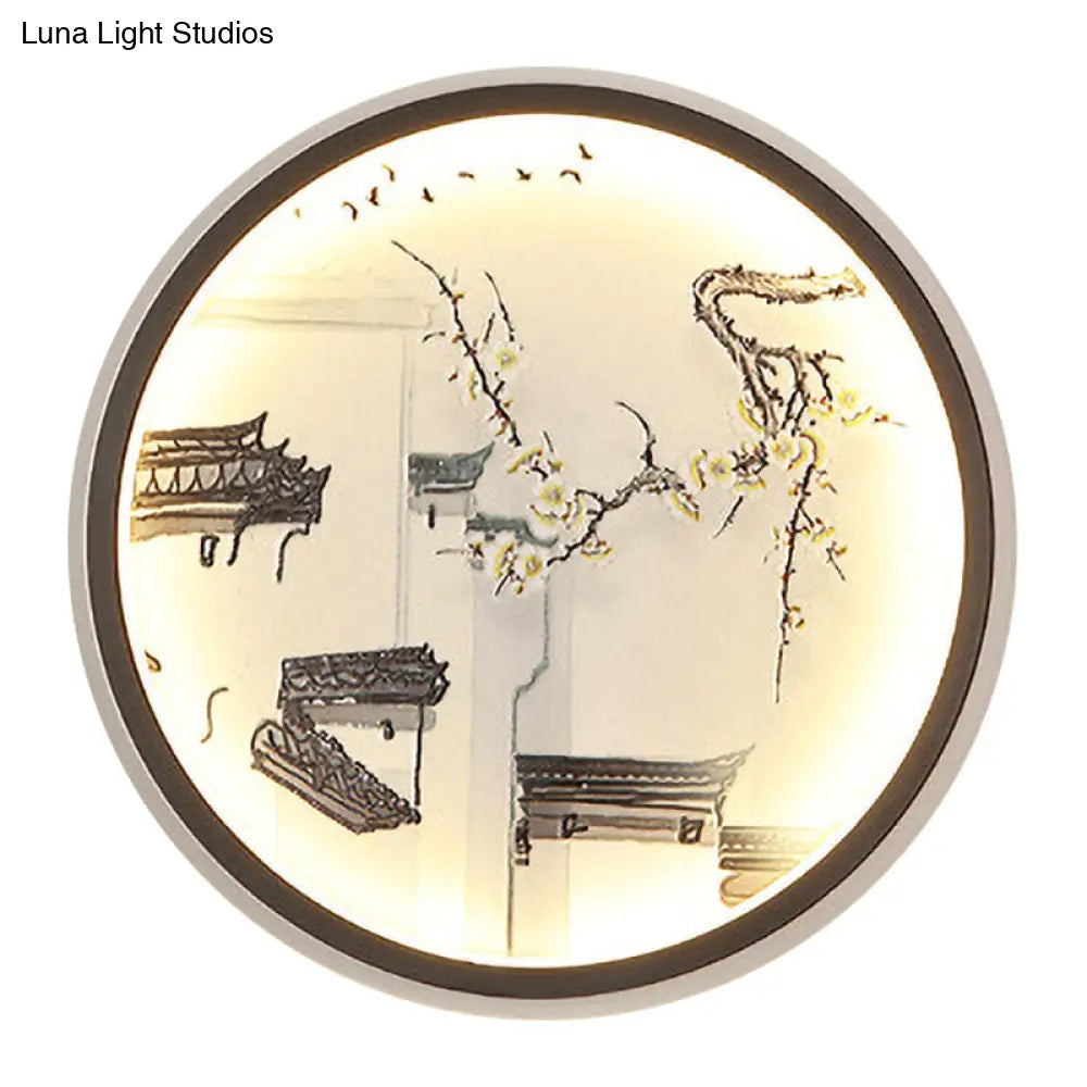 Aplique de pared LED empotrado con diseño de ciudad antigua china en metal negro para sala de estar