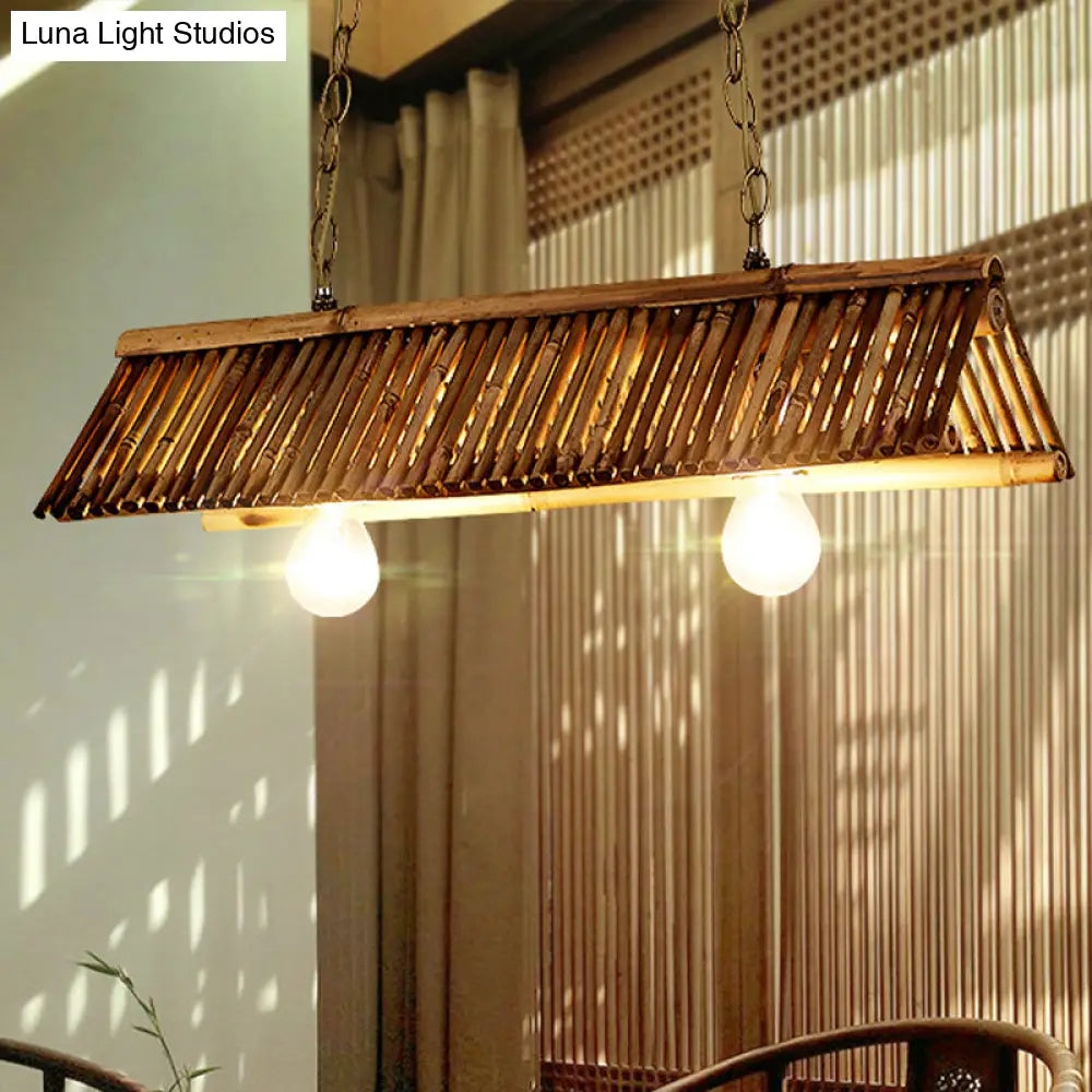 DecorBites™ Chinese Bamboo Triangular Island Light - Brown Pendant Lighting Fixture with 2 Heads for Tearoom