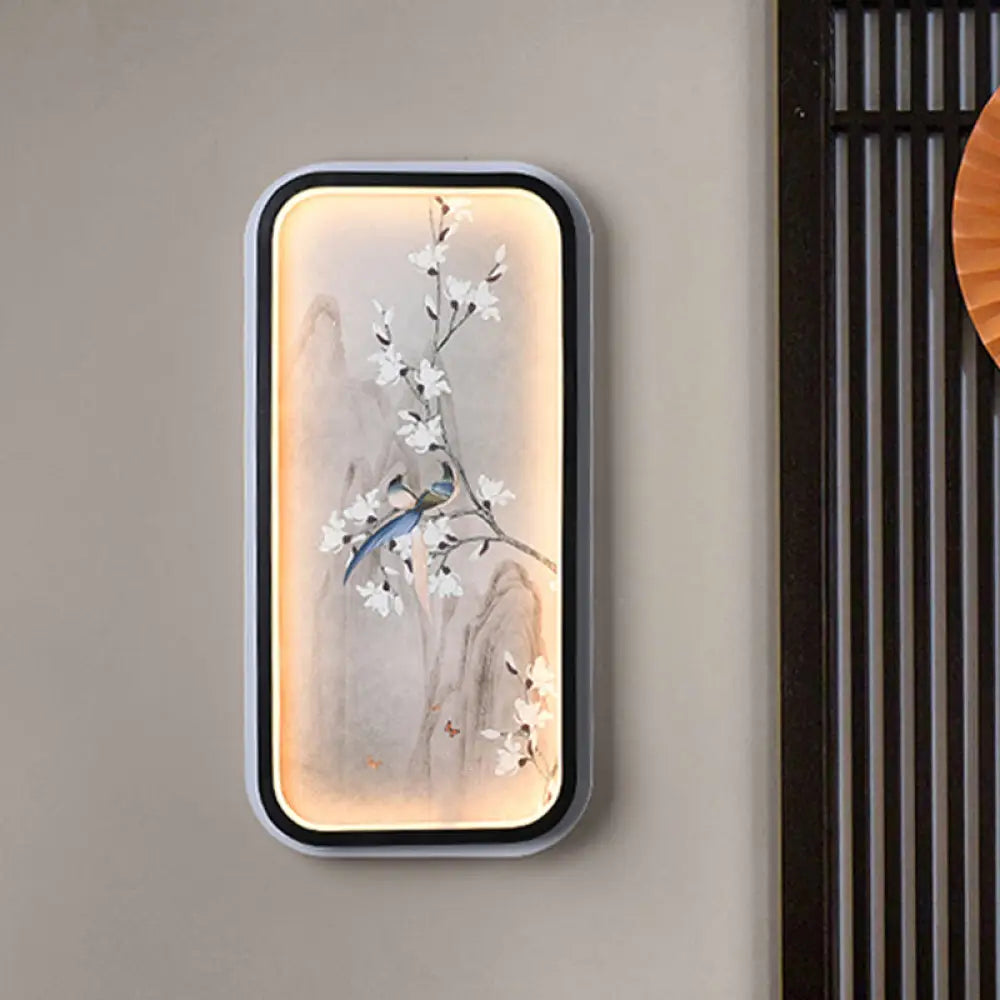 Lámpara mural de tela con diseño de pájaro y flor china: Iluminación LED de pared, blanco y negro