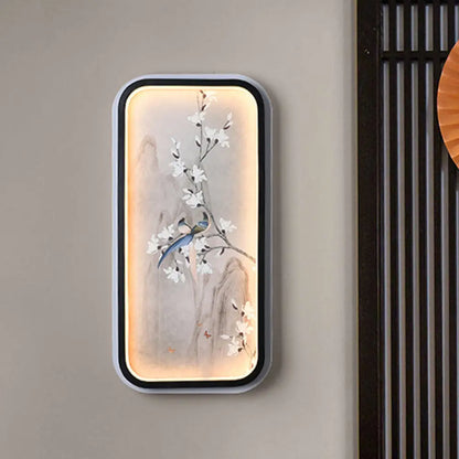 Lámpara mural de tela con diseño de pájaro y flor china: Iluminación LED de pared, blanco y negro