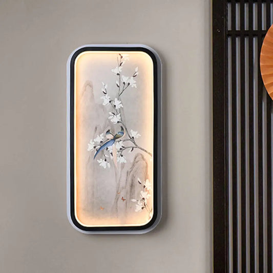 Lámpara mural de tela con diseño de pájaro y flor china: Iluminación LED de pared, blanco y negro