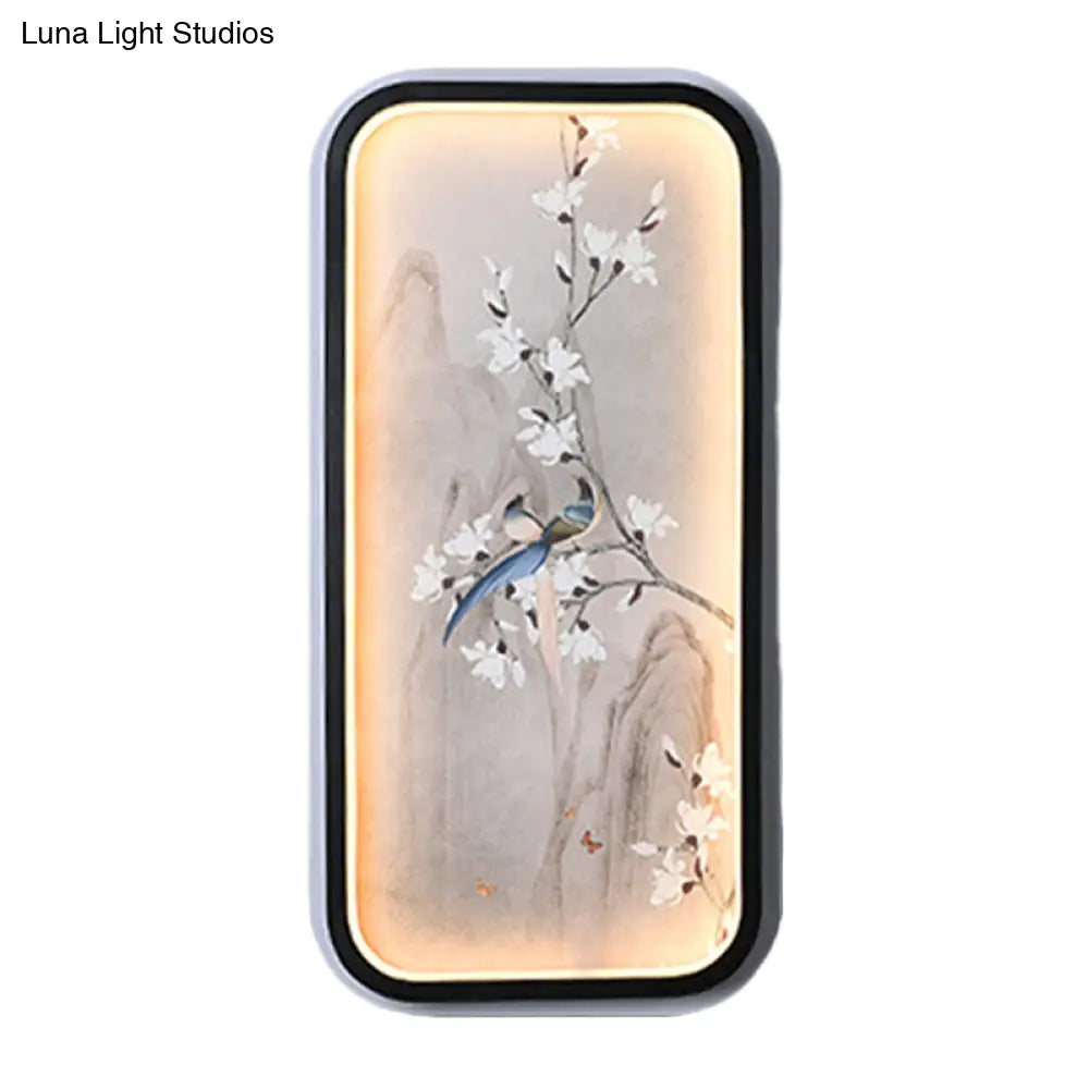 Lámpara mural de tela con diseño de pájaro y flor china: Iluminación LED de pared, blanco y negro