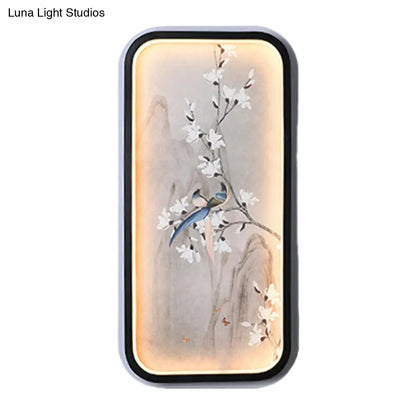 Lámpara mural de tela con diseño de pájaro y flor china: Iluminación LED de pared, blanco y negro