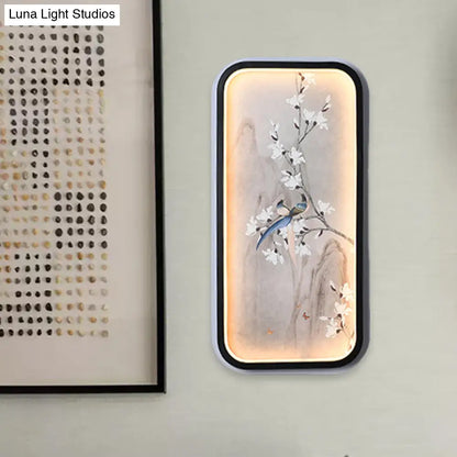 Lámpara mural de tela con diseño de pájaro y flor china: Iluminación LED de pared, blanco y negro