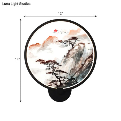 Aplique de pared LED con diseño de pino negro chino y mural de montaña - Elegante lámpara para pasillo