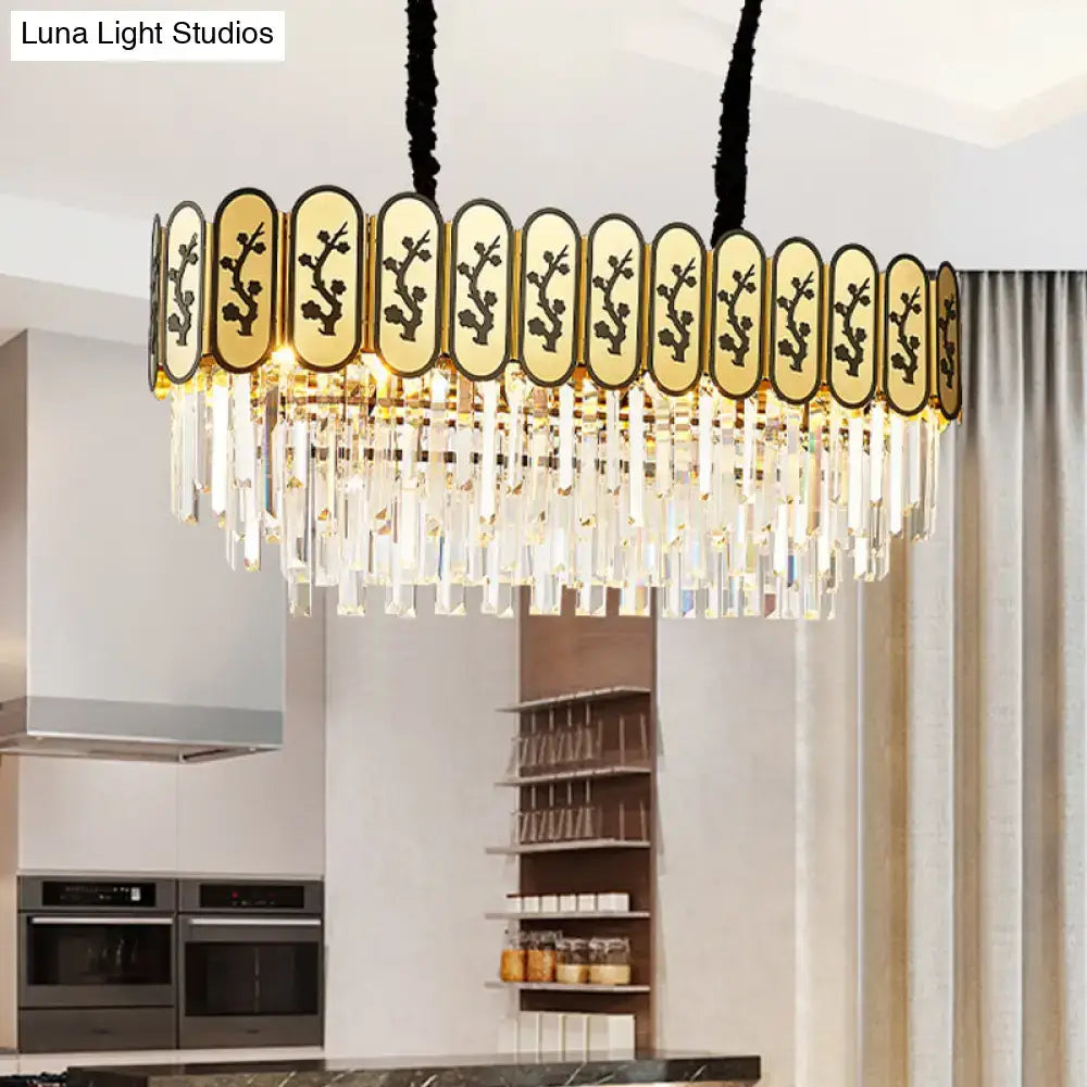 Elegant gold island crystal shaded hanging lamp with oval panels and black floral etchings for dining room use