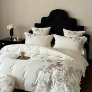 White satin duvet cover with delicate pink gray beige floral embroidery in chinese flowers bird bedding set