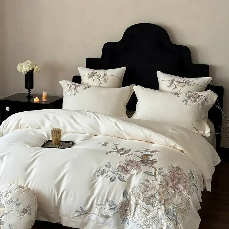 White satin duvet cover with delicate pink gray beige floral embroidery in chinese flowers bird bedding set