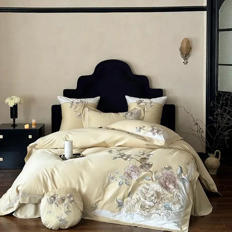 Cream-colored satin bedding set with chinese flowers bird embroidery in soft pastels and silver thread detailing