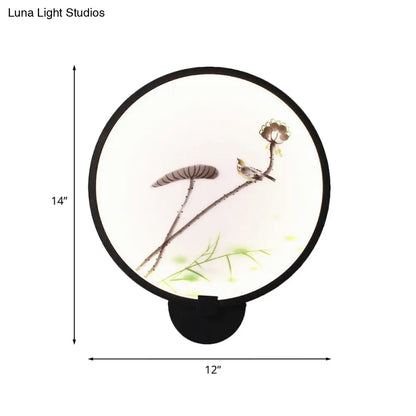 Aplique de pared LED circular con mural de tinta china/loto en negro - Lámpara de dormitorio acrílica