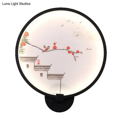 Aplique de pared LED circular con mural de tinta china/loto en negro - Lámpara de dormitorio acrílica