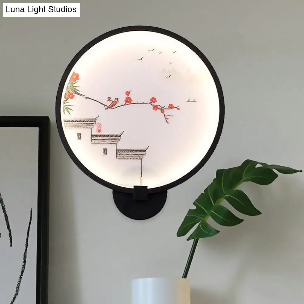 Aplique de pared LED circular con mural de tinta china/loto en negro - Lámpara de dormitorio acrílica