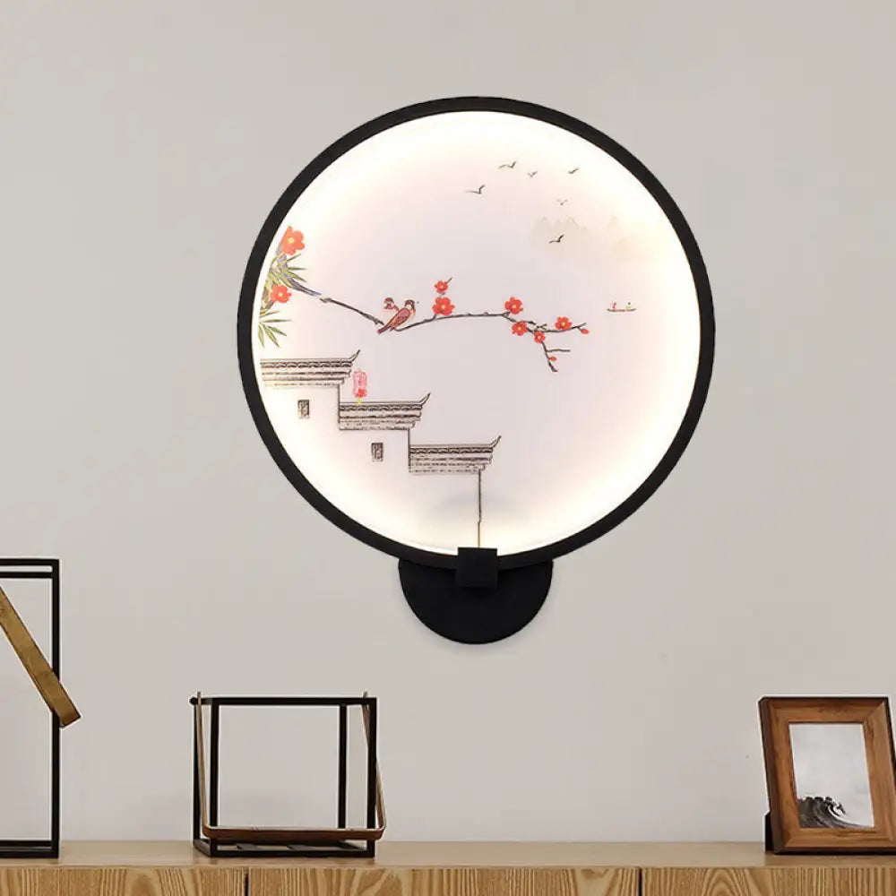 Aplique de pared LED circular con mural de tinta china/loto en negro - Lámpara de dormitorio acrílica