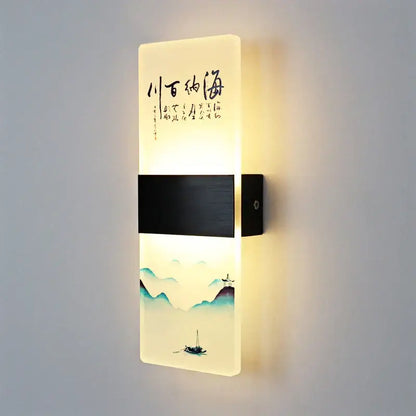 A wall lamp with a translucent acrylic shade featuring Chinese ink landscape art and calligraphy for bedroom decor