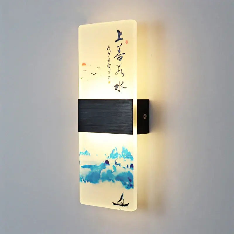 Chinese ink landscape acrylic shade wall lamp with translucent white panel blue mountain art and black calligraphy decorbites acrylic shade