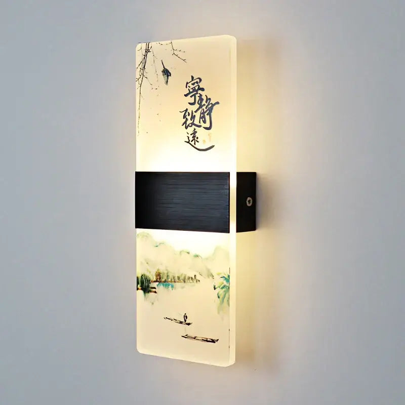 Rectangular wall lamp with off-white acrylic shade featuring traditional chinese ink landscape and calligraphy decorbites acrylic shade design