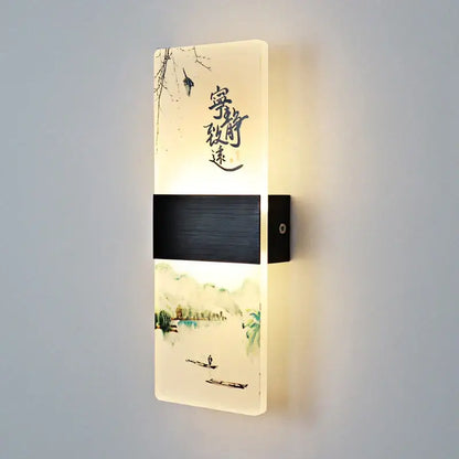 Rectangular wall lamp with off-white acrylic shade featuring traditional chinese ink landscape and calligraphy decorbites acrylic shade design