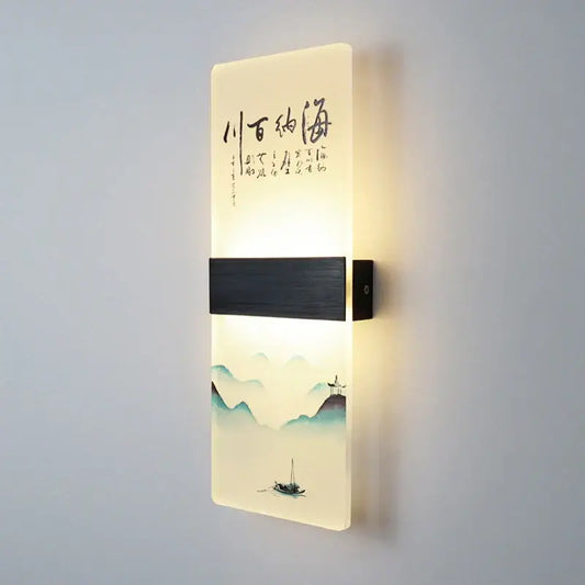 Rectangular wall lamp with decorbites acrylic shade featuring translucent chinese ink landscape and calligraphy design