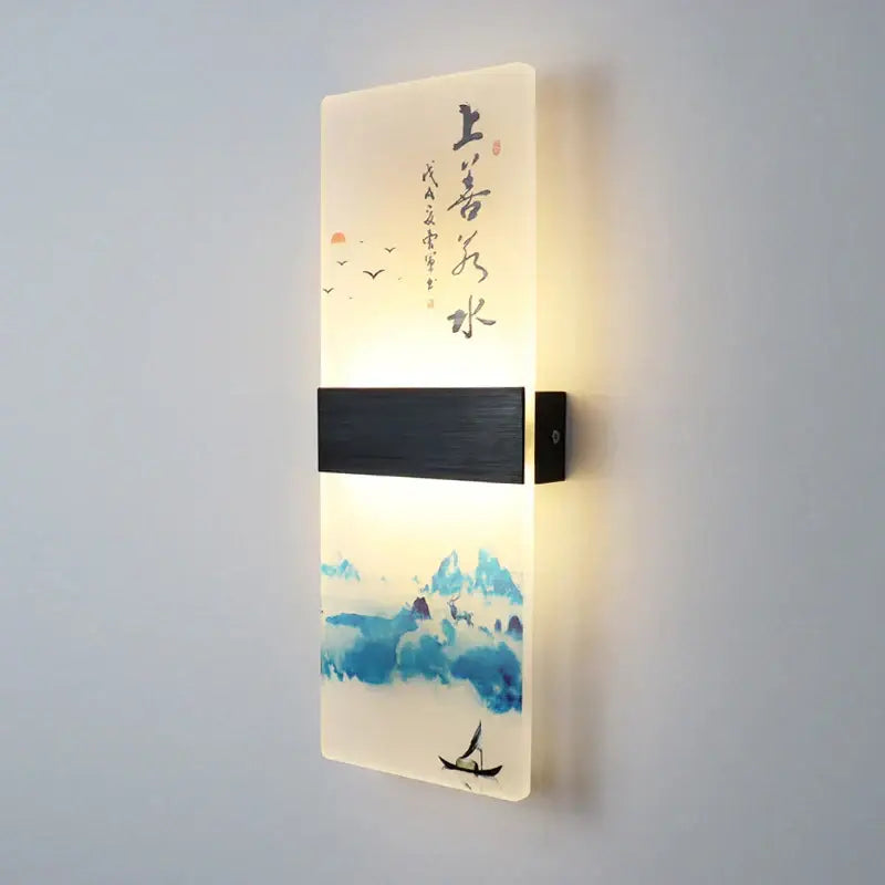 A rectangular wall lamp with an acrylic shade featuring blue watercolor mountains and black calligraphy for bedroom decorbites acrylic shade
