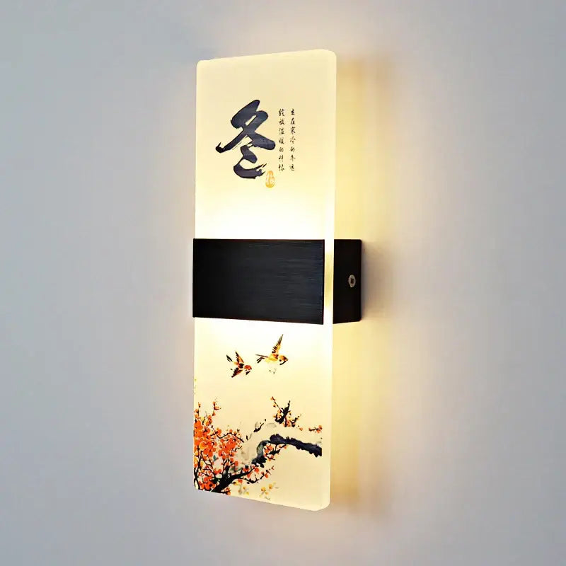 Modern wall lamp with acrylic shade featuring translucent white panel with chinese calligraphy and painted birds decorbites acrylic shade