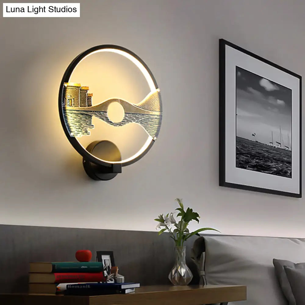 Aplique de pared LED acrílico blanco y negro de inspiración china - Lámpara circular de 30 cm con diseño escénico