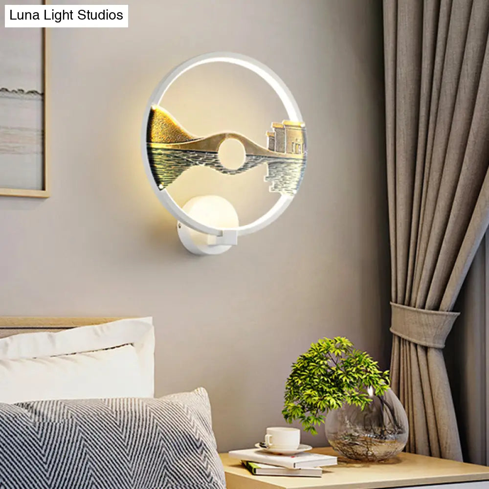 DecorBites™ DecorBites™ Chinese-Inspired Black/White LED Acrylic Wall Sconce - 12" Circular Lamp with Scenic Pattern