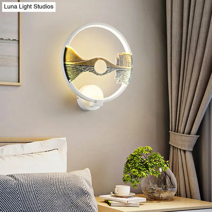 DecorBites™ DecorBites™ Chinese-Inspired Black/White LED Acrylic Wall Sconce - 12" Circular Lamp with Scenic Pattern