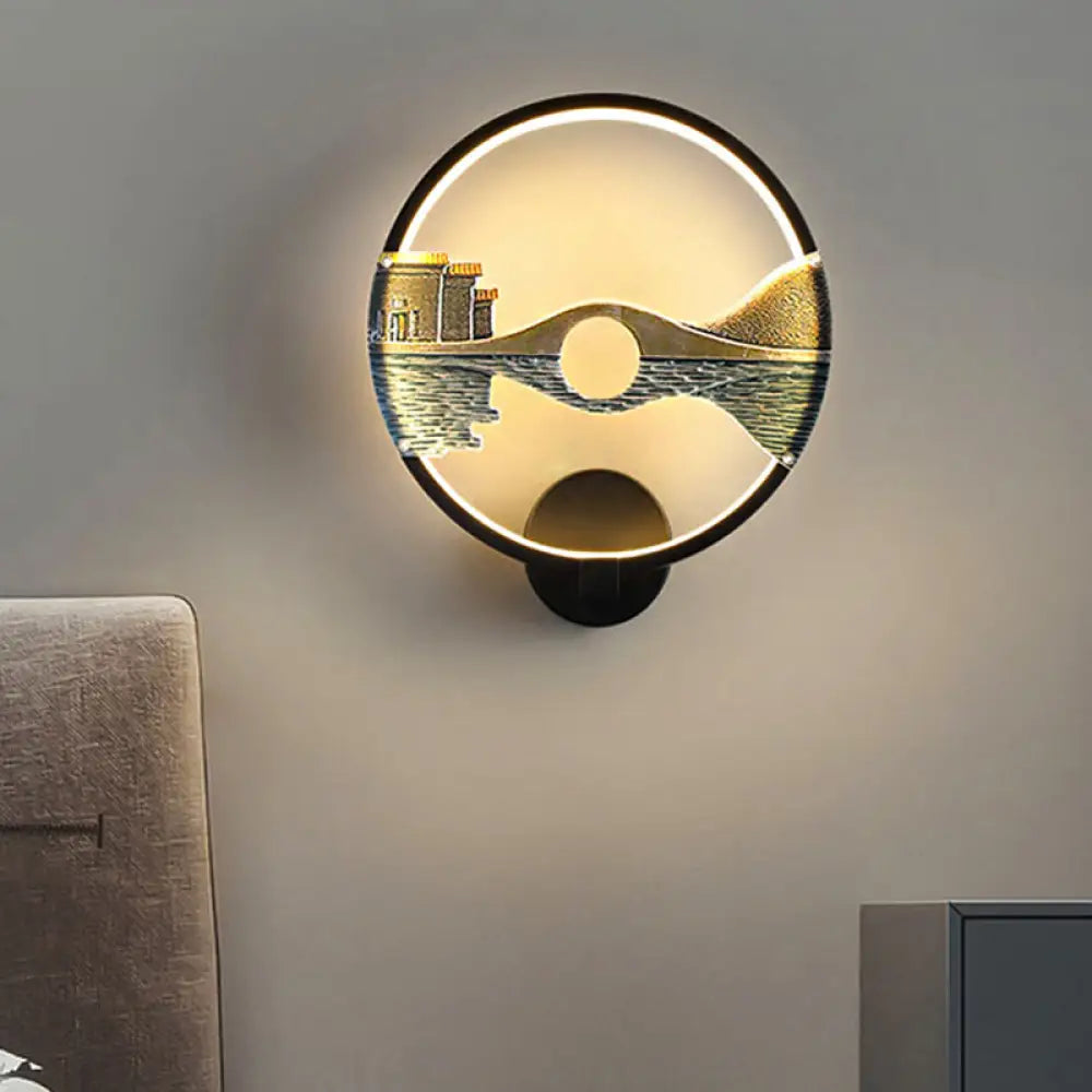 DecorBites™ DecorBites™ Chinese-Inspired Black/White LED Acrylic Wall Sconce - 12" Circular Lamp with Scenic Pattern