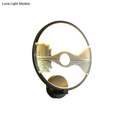 Aplique de pared LED acrílico blanco y negro de inspiración china - Lámpara circular de 30 cm con diseño escénico
