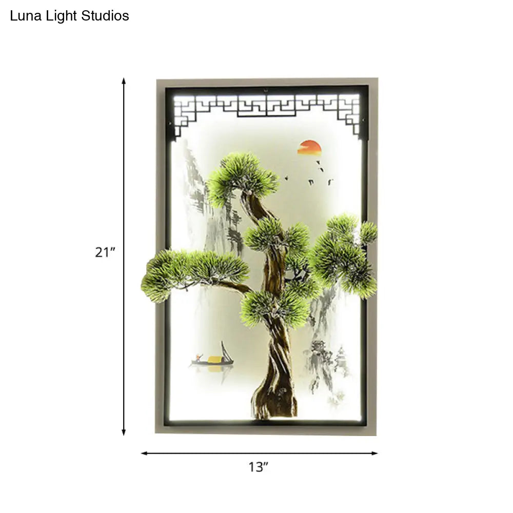 Aplique de pared de hierro con mural de pino y paisaje chino, con luz LED empotrada - Decoración verde