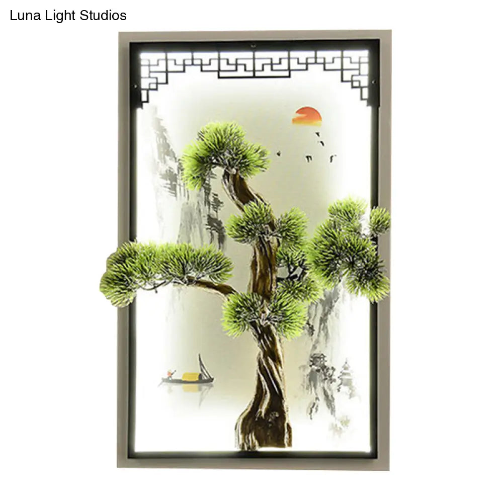 Aplique de pared de hierro con mural de pino y paisaje chino, con luz LED empotrada - Decoración verde