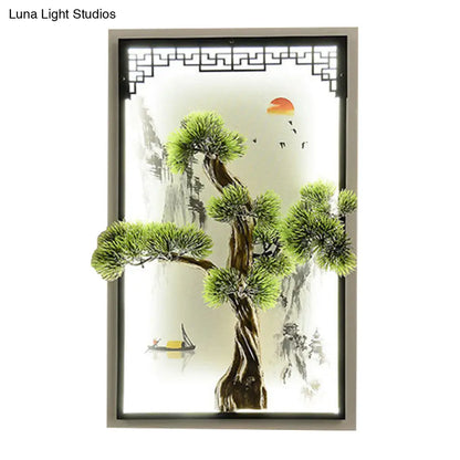 Aplique de pared de hierro con mural de pino y paisaje chino, con luz LED empotrada - Decoración verde