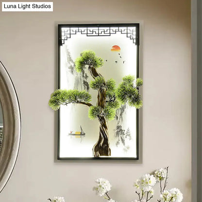 Aplique de pared de hierro con mural de pino y paisaje chino, con luz LED empotrada - Decoración verde