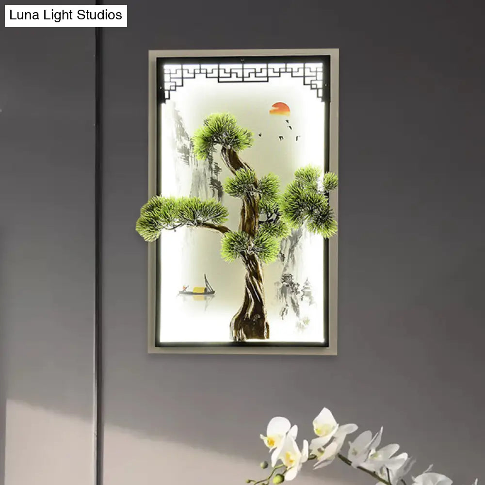 Aplique de pared de hierro con mural de pino y paisaje chino, con luz LED empotrada - Decoración verde