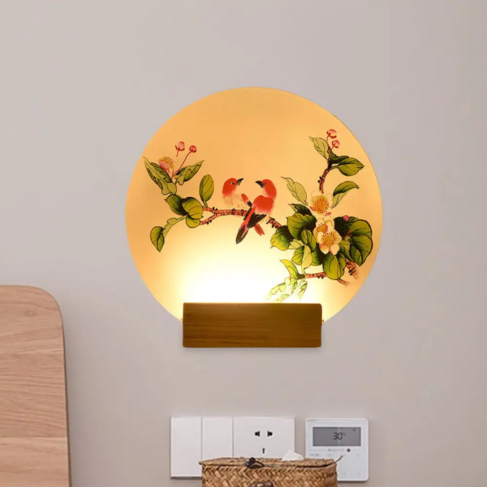 Mural de pared acrílico LED chino con pájaros y flores circulares, soporte de pared de madera