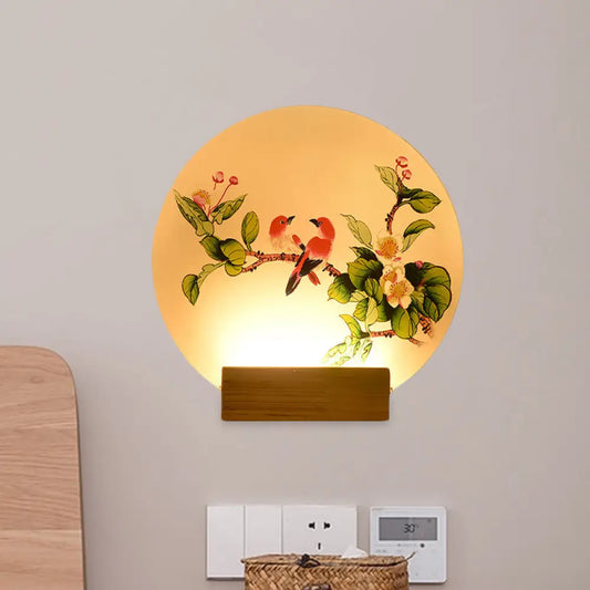 Mural de pared acrílico LED chino con pájaros y flores circulares, soporte de pared de madera