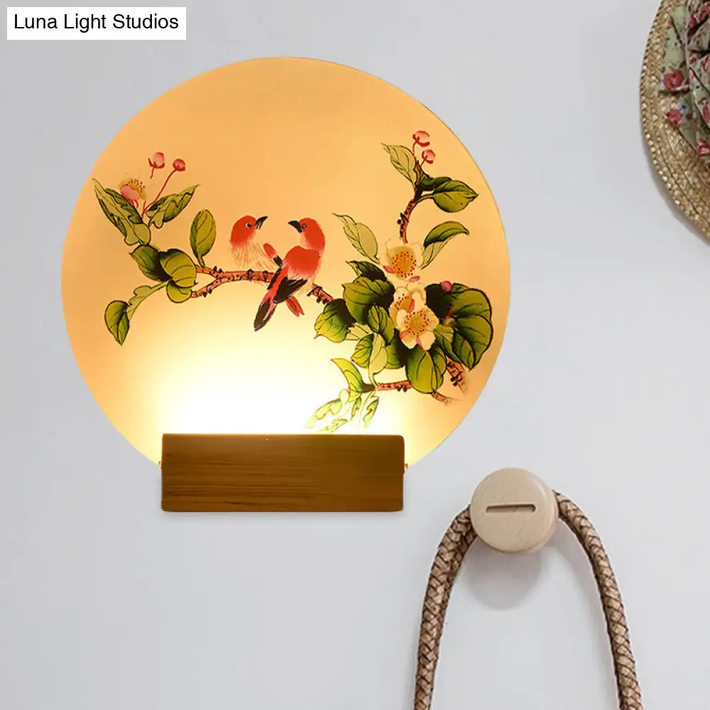 Mural de pared acrílico LED chino con pájaros y flores circulares, soporte de pared de madera